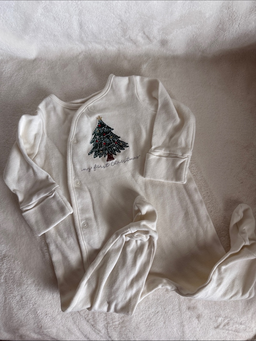Starting Out White Footed Baby Pajamas with Embroidered Green Christmas Tree